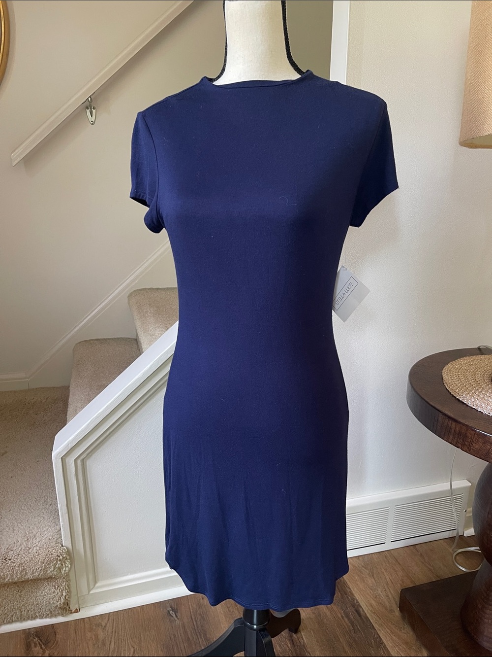 Stella Luce Navy Body Hugging Lined with Stretch Capped Sleeves Dress Size L